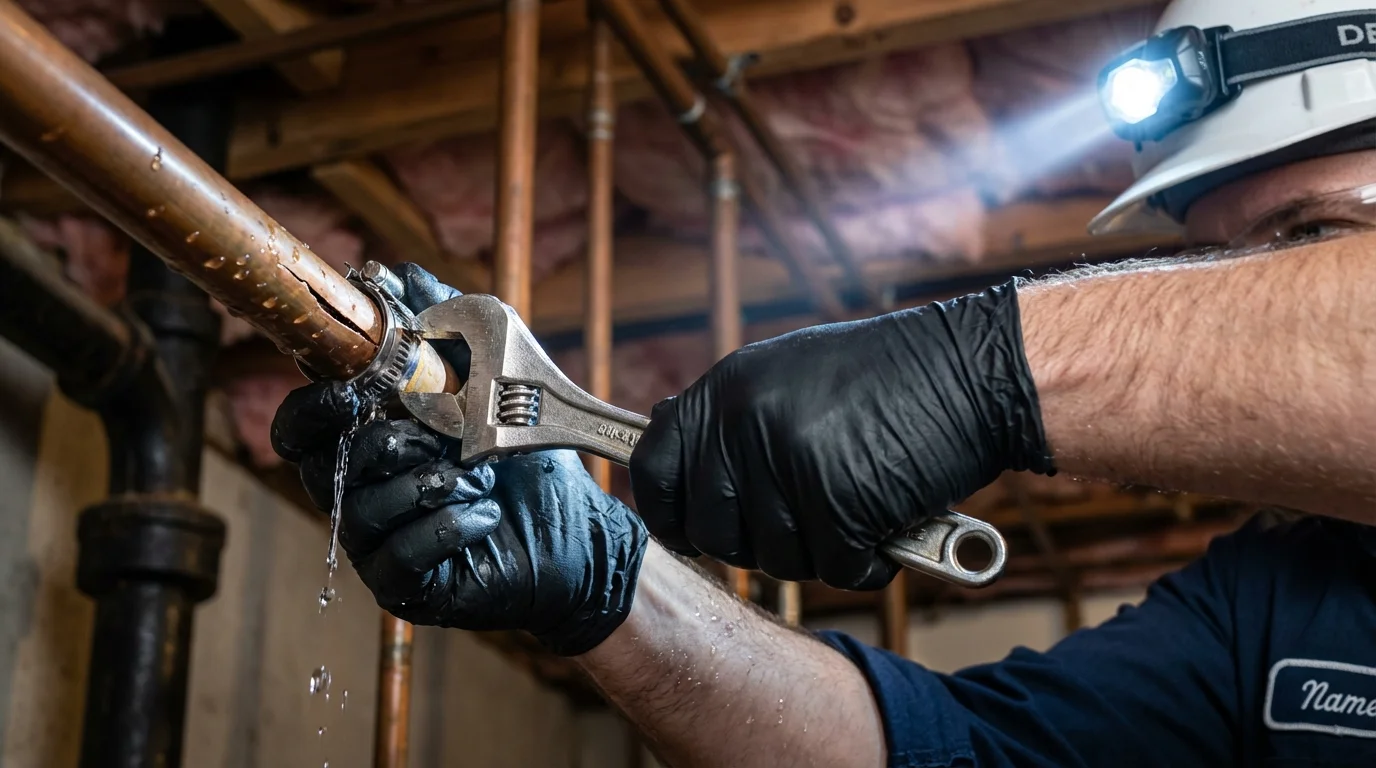 Emergency pipe clamp repair being performed by a Johns Plumbing LLC plumber in Arabi
