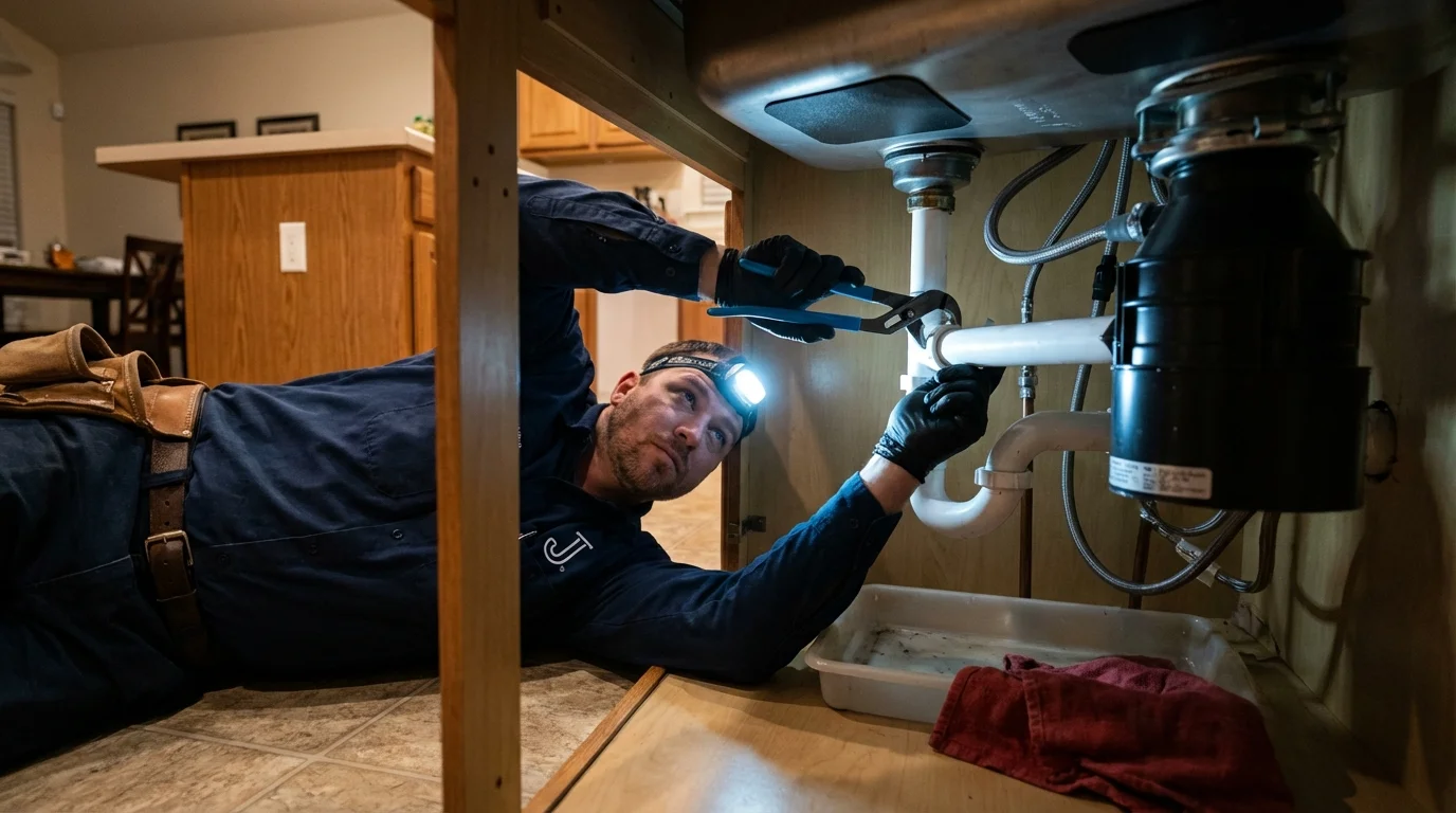 P-trap and supply line connections under a kitchen sink showing a common leak point in Arabi, LA